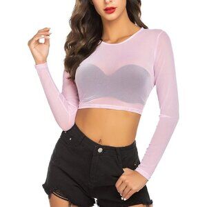 🆕 Women Pink Mesh Crop Top Long Sleeve See Through Shirt Sexy Sheer Cropped Tee